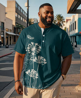 Men's Plus Size Green Dandelion Print Henry Collar Button Short Sleeve Tee